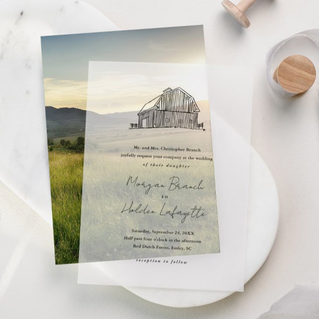 Elegant Hand Drawn Country Barn Wedding Vellum Invitations (Rustic hand drawn barn vellum wedding invitations.)