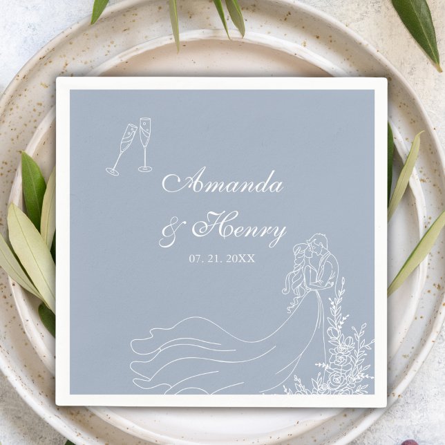 Elegant Hand Drawn Couple Dusty Blue Wedding  Napkins (Creator Uploaded)