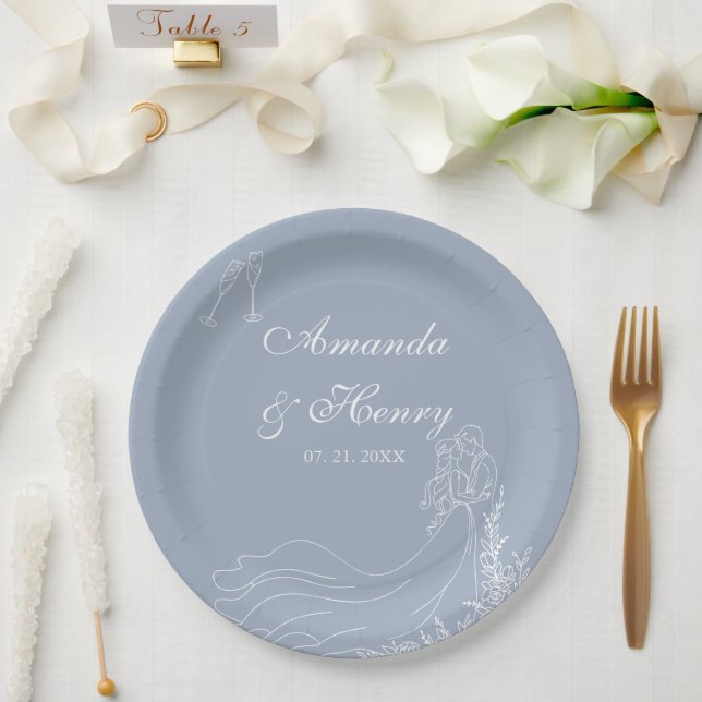 Elegant Hand Drawn Couple Dusty Blue Wedding  Paper Plates (Wedding)