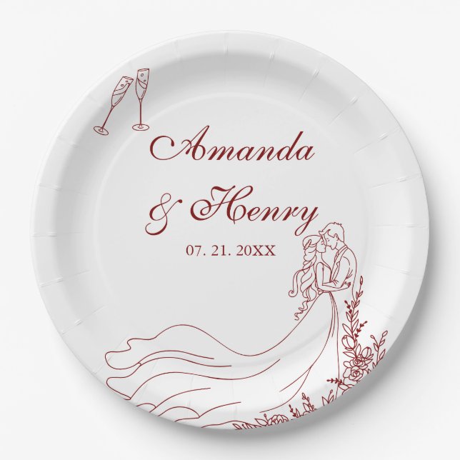 Elegant Hand Drawn Couple Wedding  Paper Plates (Front)