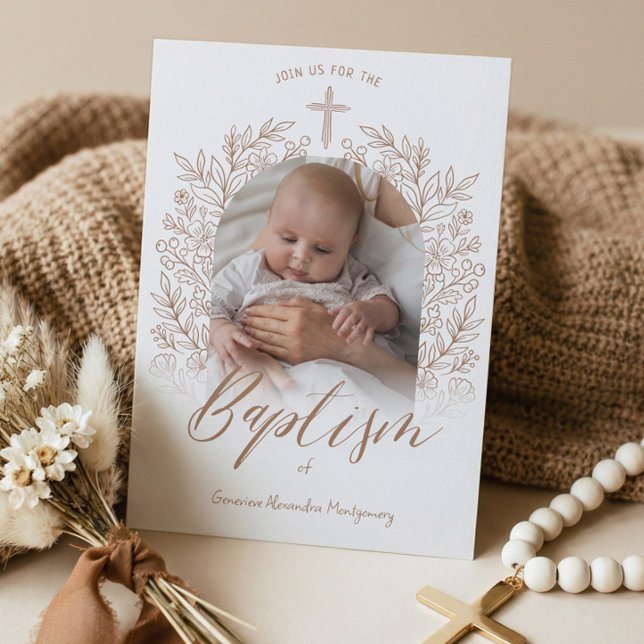 Elegant Hand-Drawn Cross Floral Baptism Photo Invitation (Elegant Hand-Drawn Cross Floral Baptism Photo Invitation)