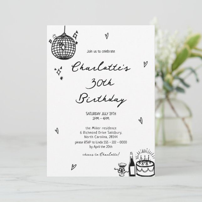Elegant Hand Drawn disco ball 30th Birthday  Invitation (Standing Front)