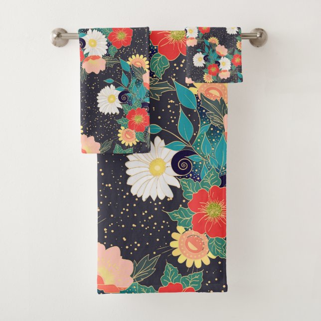 Elegant hand drawn floral and confetti design bath towel set (Insitu)
