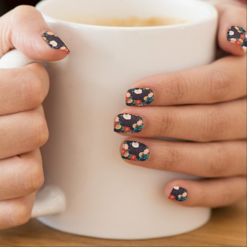 Elegant hand drawn floral and confetti design minx nail art