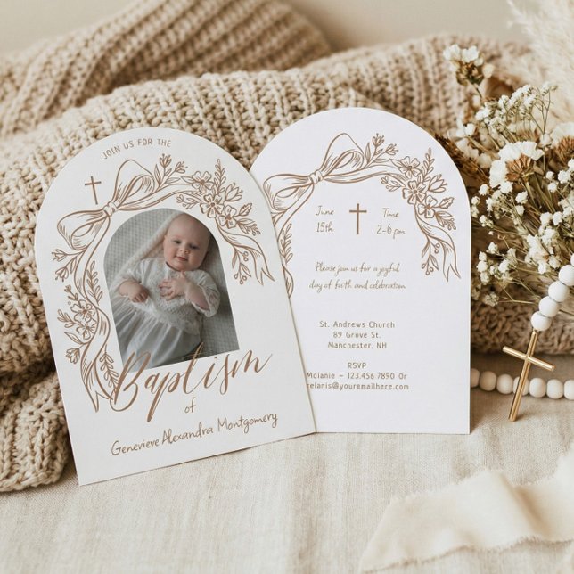 Elegant Hand-Drawn Floral Bow Arch Baptism Photo Invitation (Elegant Hand-Drawn Floral Bow Arch Baptism Photo Invitation)