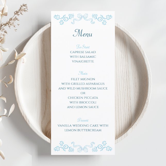 Elegant Hand-Drawn Floral & Bow Blue Wedding  Menu (Elevate your wedding tablescape with our elegant blue floral bow menu card. Personalize yours now!)