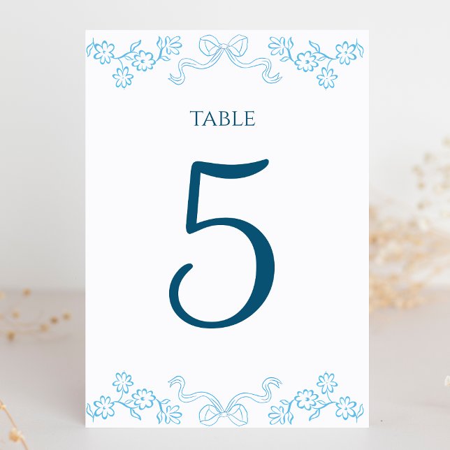 Elegant Hand-Drawn Floral & Bow Blue Wedding  Table Number (Add a charming touch to your wedding with these floral and bow table number cards in soft blue.)