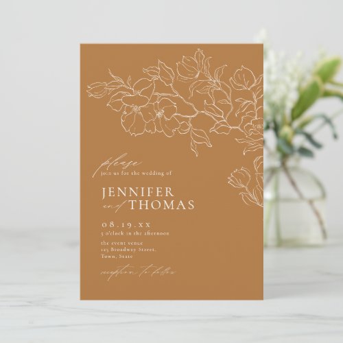 Elegant hand drawn floral golden fall wedding invitation
