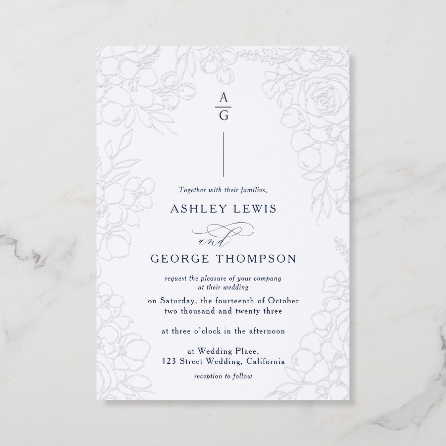 Elegant hand drawn floral Monogram Wedding Letterpress Invitation
