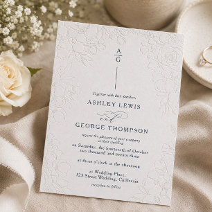 Elegant hand drawn floral Monogram Wedding Letterpress Invitation