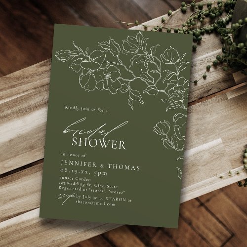 Elegant hand drawn floral sage green Bridal Shower Invitation