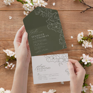 Elegant hand drawn floral sage green wedding all in one invitation