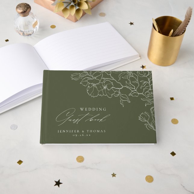 Elegant hand drawn floral sage green wedding guest book (Front Open)