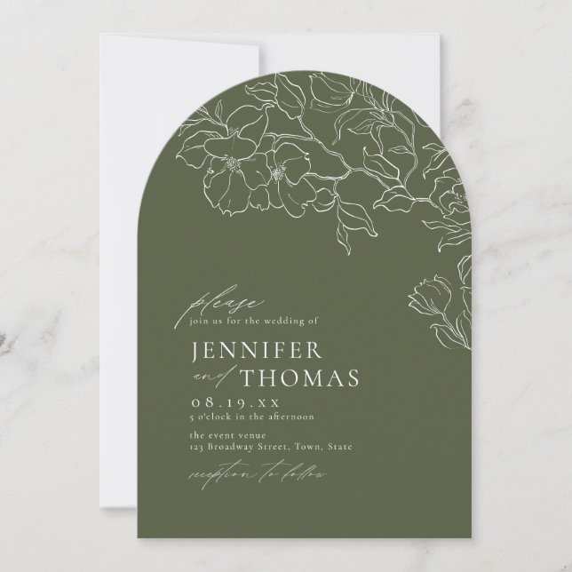 Elegant hand drawn floral sage green wedding invitation (Front)