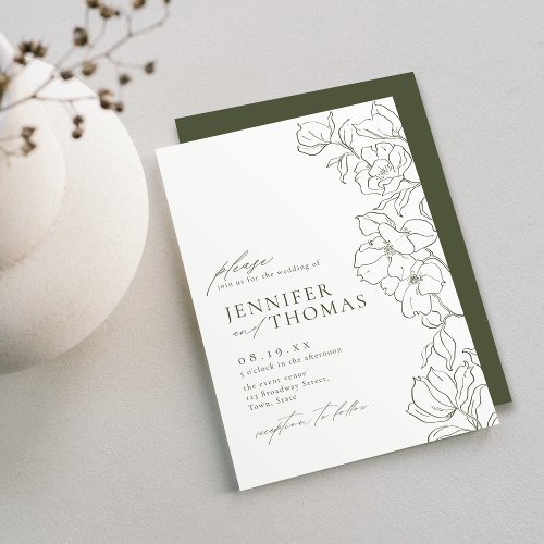 Elegant hand drawn floral sage green wedding invitation