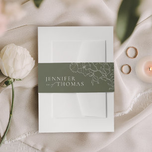 Elegant hand drawn floral sage green wedding invitation belly band