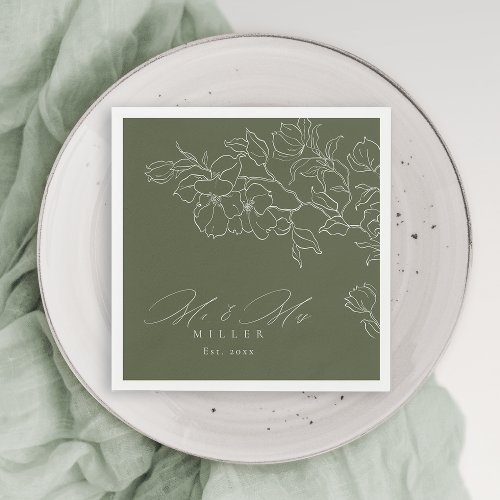 Elegant hand drawn floral sage green wedding napkins