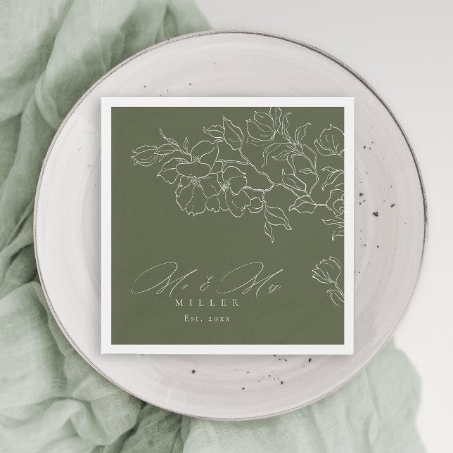 Elegant hand drawn floral sage green wedding napkins (Elegant hand drawn floral sage green wedding napkins)