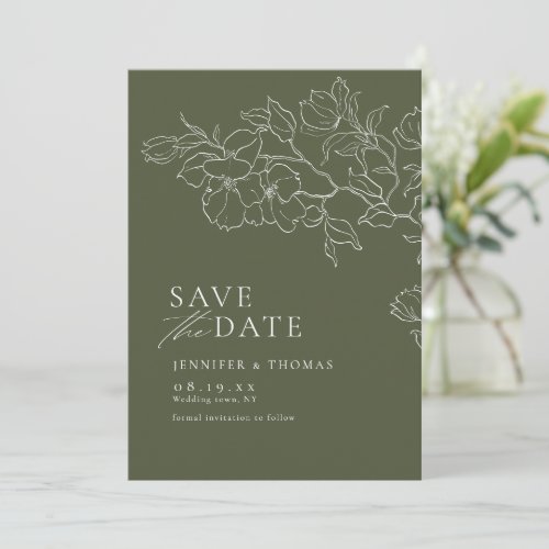 Elegant hand drawn floral sage green wedding save the date