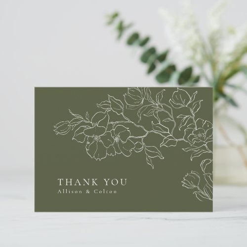 Elegant hand drawn floral sage green wedding thank you card