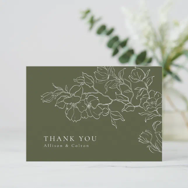 Elegant hand drawn floral sage green wedding thank you card | Zazzle