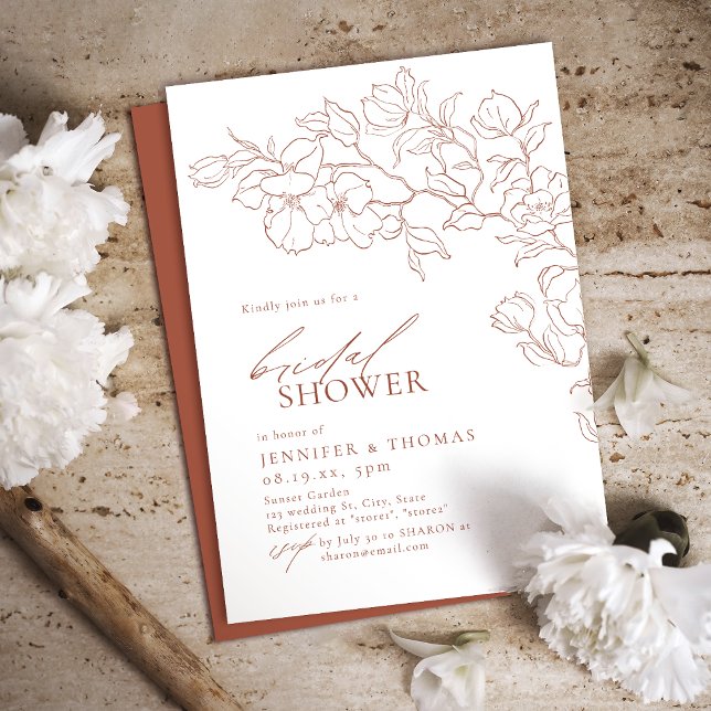 Elegant hand drawn floral terracotta Bridal Shower Invitation (Creator Uploaded)