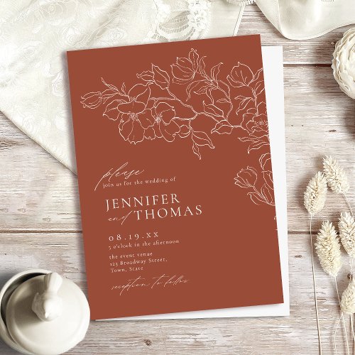 Elegant hand drawn floral terracotta wedding invitation