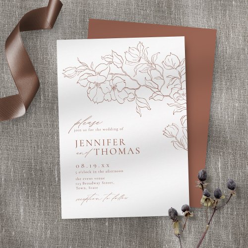 Elegant hand drawn floral terracotta wedding invitation