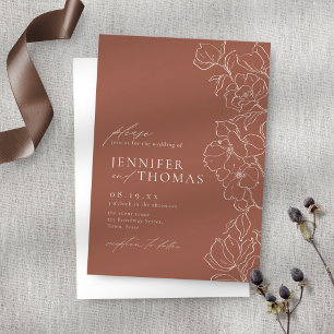 Elegant hand drawn floral terracotta wedding invitation