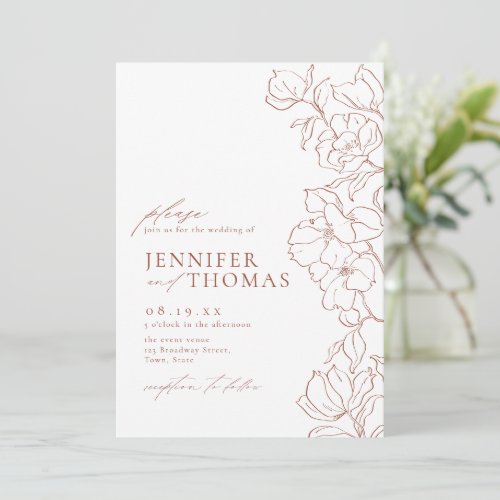 Elegant hand drawn floral terracotta wedding invitation