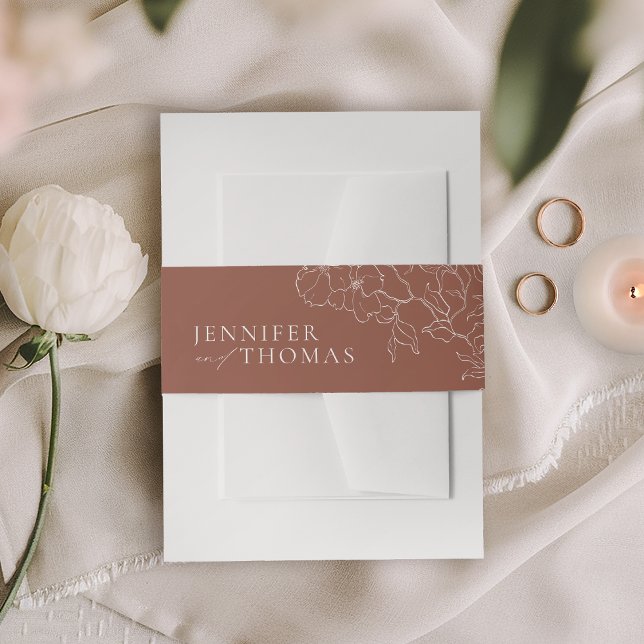 Elegant hand drawn floral terracotta wedding invitation belly band (Elegant hand drawn floral terracotta wedding invitation belly band)