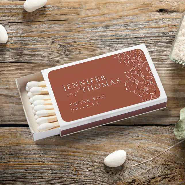 Elegant hand drawn floral terracotta wedding Matchboxes | Zazzle