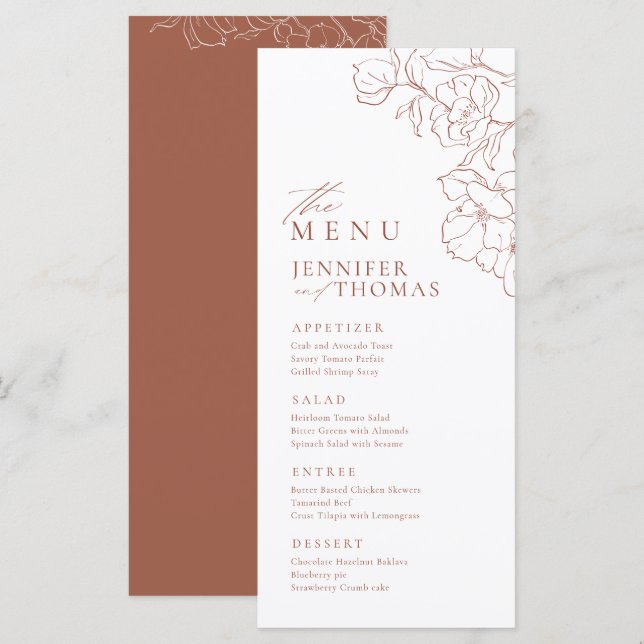 Elegant hand drawn floral terracotta wedding menu (Front/Back)