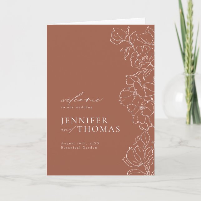 Elegant hand drawn floral terracotta wedding program (Front)