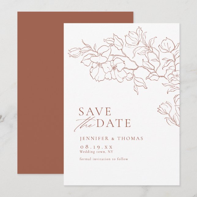Elegant hand drawn floral terracotta wedding save the date (Front/Back)