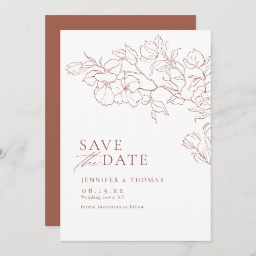 Elegant hand drawn floral terracotta wedding save the date