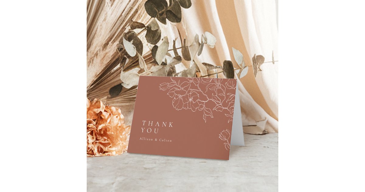 Elegant hand drawn floral terracotta wedding thank you card | Zazzle