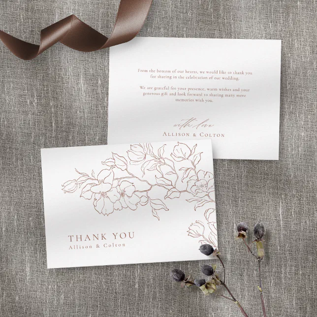 Elegant hand drawn floral terracotta wedding thank you card | Zazzle