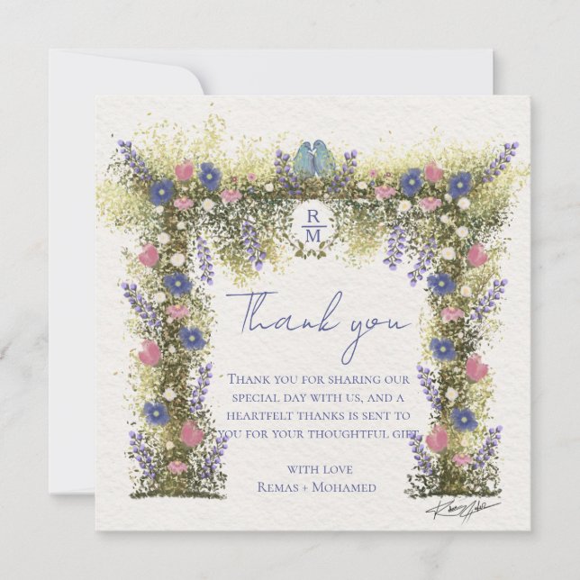 Elegant Hand-Drawn Floral Wedding Thank You Card (Front)