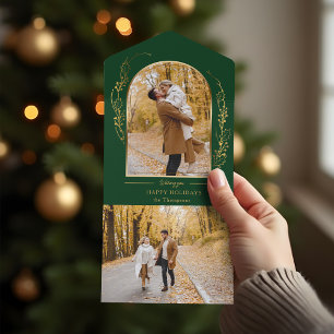 Elegant Hand Drawn Gold Holly Arch Photo All In One Invitation