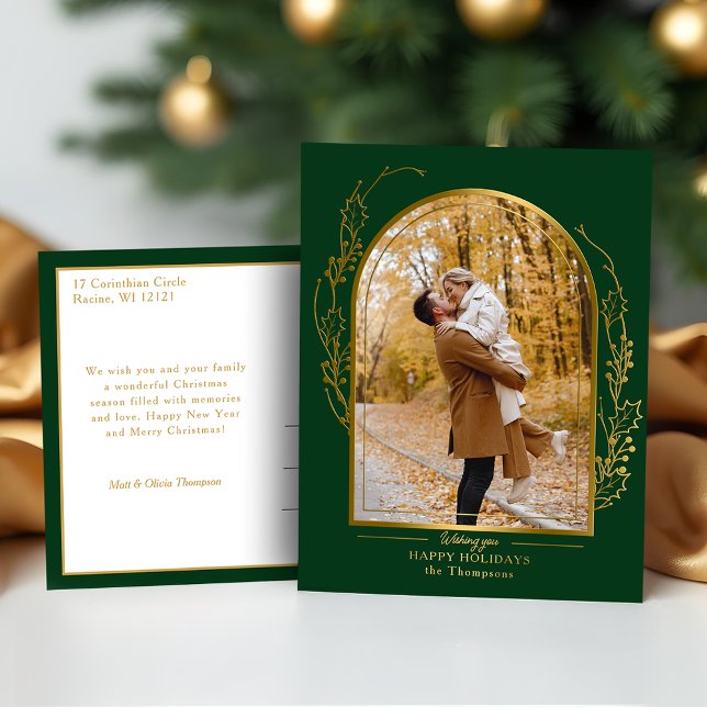 Elegant Hand Drawn Gold Holly Arch Photo Foil Holiday Postcard (Creator Uploaded)