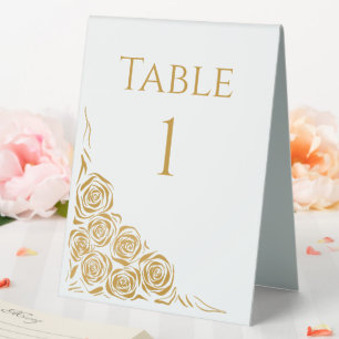 Elegant Hand Drawn Gold Roses Wedding Table Number Tent