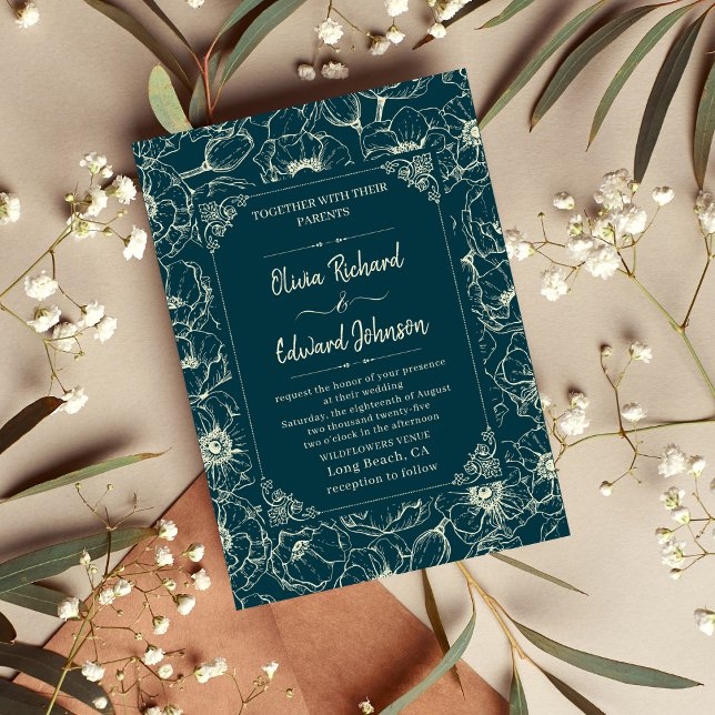 Elegant Hand-Drawn golden Flower wedding Invitation (Creator Uploaded)