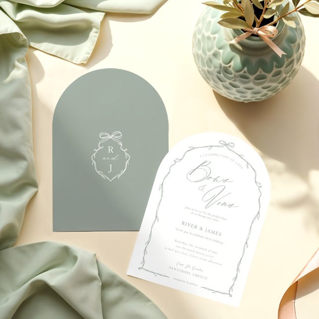 Elegant Hand Drawn Green Bow & Ribbon Arch Wedding Invitation (Elegant Hand Drawn Green Bow & Ribbon Arch Wedding Invitation)