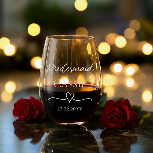 Elegant Hand Drawn Heart Bridesmaid Name Date Stemless Wine Glass