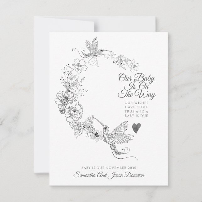 Elegant Hand Drawn Hummingbird Floral Botanical  Announcement (Front)