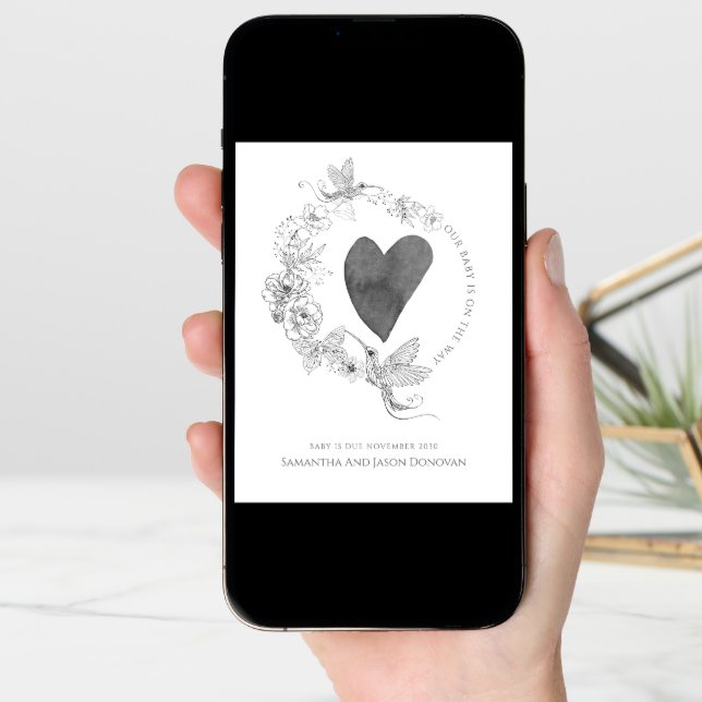 Elegant Hand Drawn Hummingbird Floral Wreath Heart Announcement (Front Digital)