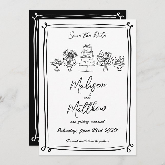 Elegant Hand Drawn Illustrations Doodles Wedding Save The Date (Front/Back)
