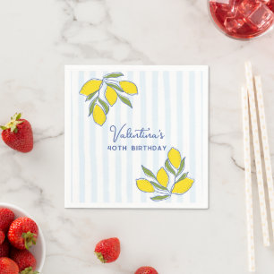 Elegant Hand Drawn Lemons Blue Stripes Party Napkins