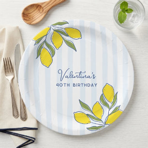 Elegant Hand Drawn Lemons Blue Stripes Party Paper Plates